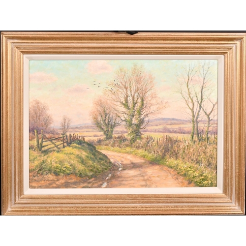 295 - Mervyn Goode, 'March Sunlight, Rooks and Primroses', oil on canvas, signed, 14