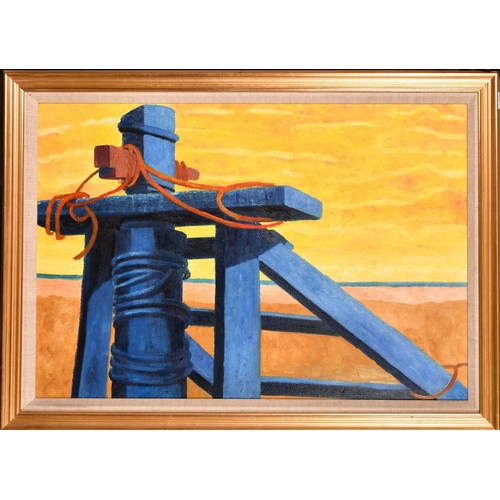 298 - Lesley Giles (20th Century), view of a windlass on a beach, oil on canvas, 25