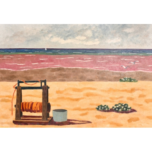 298 - Lesley Giles (20th Century), view of a windlass on a beach, oil on canvas, 25