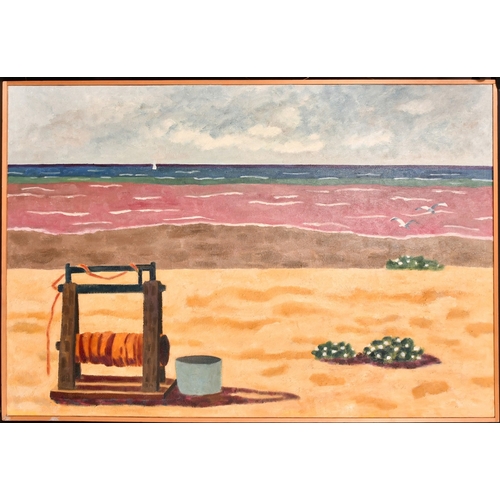 298 - Lesley Giles (20th Century), view of a windlass on a beach, oil on canvas, 25