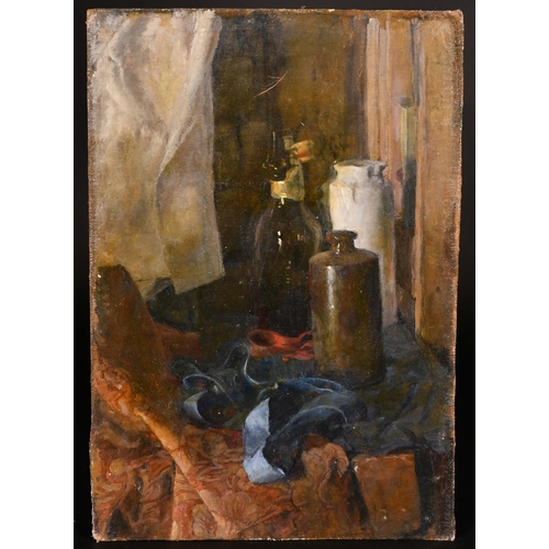 310 - Georges Weissbort (1928-2013), a still life of a beer bottle and earthenware vessels, oil on canvas ... 