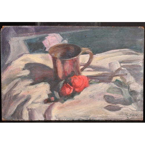 311 - Georges Weissbort (1928-2013), a still life of a silver tankard and roses, oil on board, 9.5