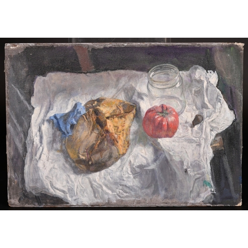 313 - Georges Weissbort (1928-2013), a still life of a tomato on a white cloth, oil on canvas laid down, 1... 