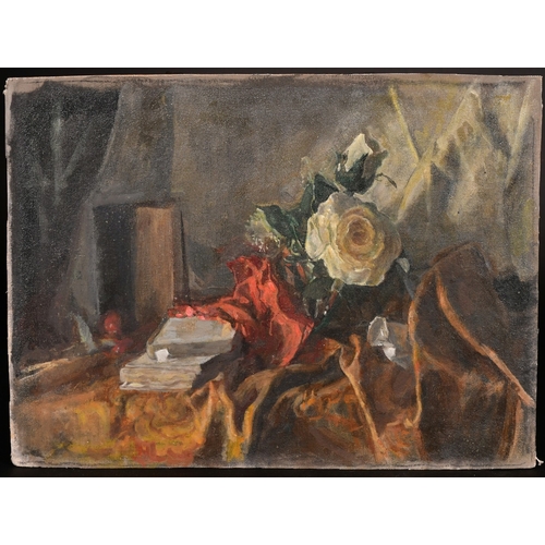 319 - Georges Weissbort (1928-2013), a still life of a rose and books, oil on board, 12