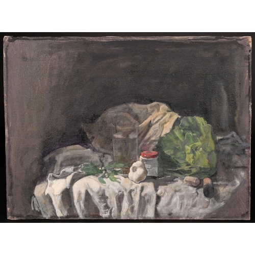 324 - Georges Weissbort (1928-2013), a still life of books and white roses, oil on board, 12