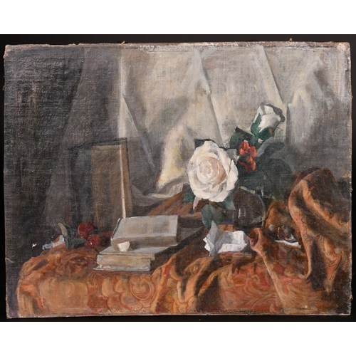 324 - Georges Weissbort (1928-2013), a still life of books and white roses, oil on board, 12