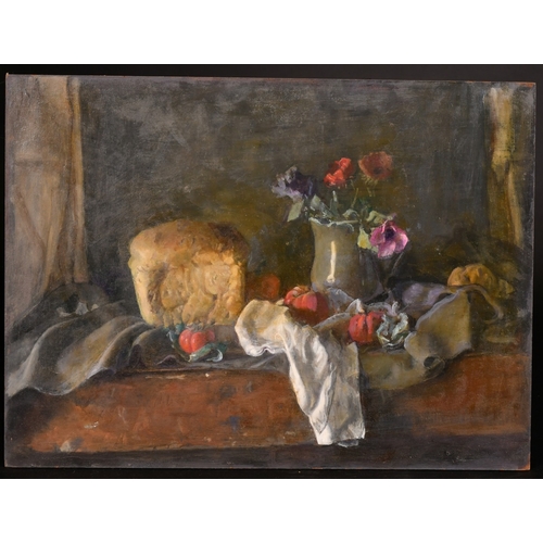 326 - Georges Weissbort (1928-2013), a still life of flowers tomatoes and a loaf of bread, oil on board, 1... 