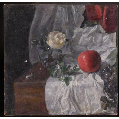 327 - Georges Weissbort (1928-2013), a still life of a rose and an apple, oil on board, 11.5