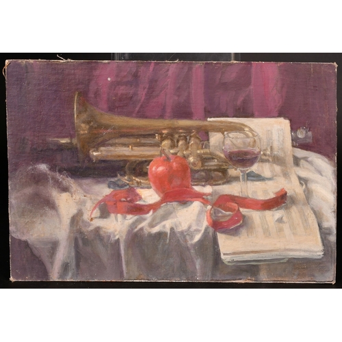 332 - Georges Weissbort (1928-2013), a still life of a trumpet and a glass of wine, oil on canvas laid dow... 