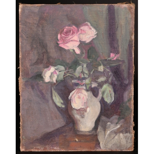 334 - Georges Weissbort (1928-2013), a still life of roses in a porcelain jug, oil on canvas laid down, 13... 