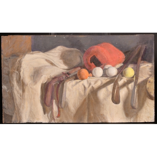 336 - Georges Weissbort (1928-2013), a still life of golfing equipment, oil on canvas laid down, 9.5