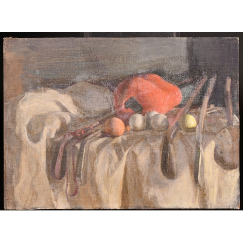 340 - Georges Weissbort (1928-2013), a still life of golfing equipment, oil on canvas laid down, 11