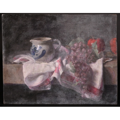 342 - Georges Weissbort (1928-2013), a still life of fruit and a blue and white jug, oil on board, 13