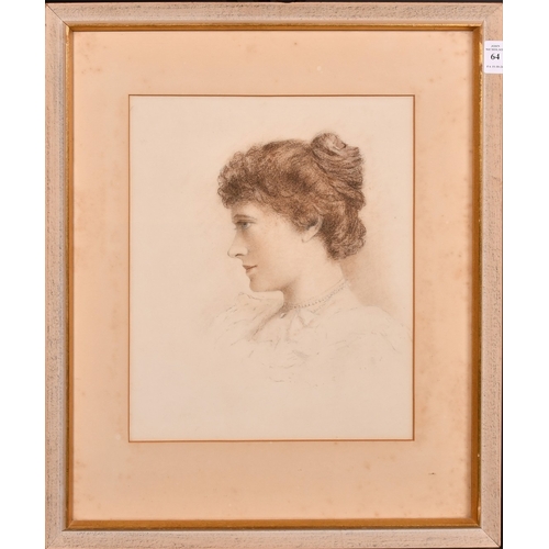 64 - Circle of Edward Robert Hughes, head study of a lady in profile, pencil and coloured crayons and cha... 