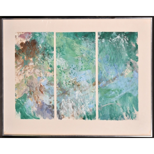 70 - Modern British School, an abstract triptych, mixed media on paper, mounted in a common frame, indist... 