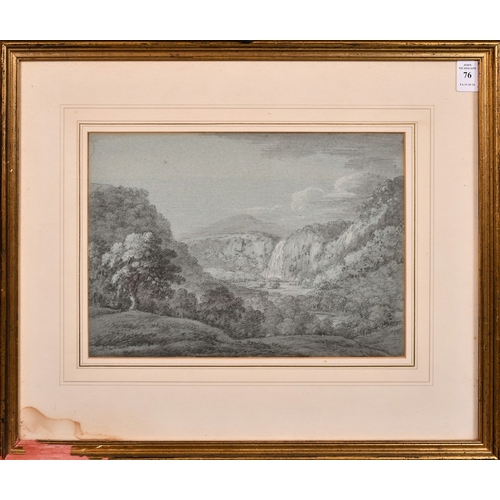 76 - 18th/19th Century English School, view over a valley towards a waterfall, pencil heightened with whi... 