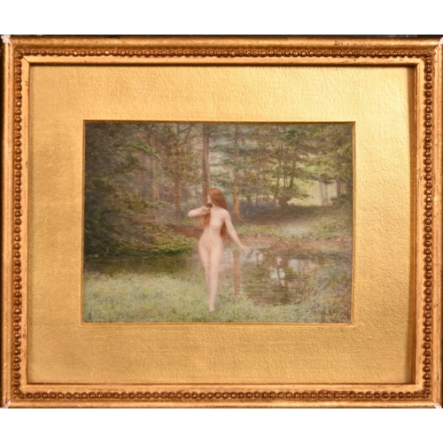 78 - Circle of J. J. Henner, a female nude by a woodland pool, miniature watercolour on ivorine, 2.75