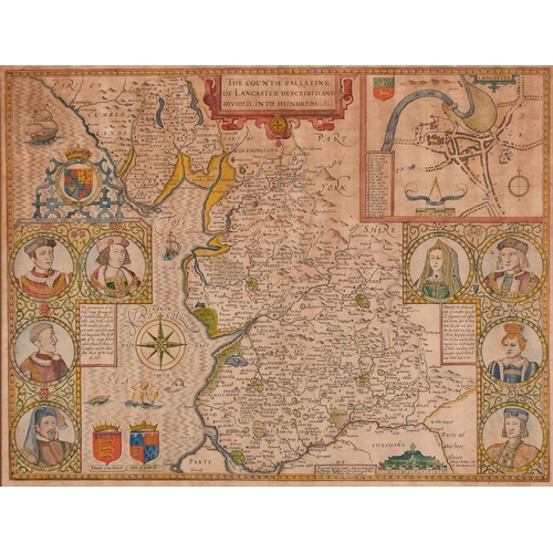 8 - John Speed, a 17th Century engraved map, 'The Countie Pallatine of Lancaster Described and Divided I... 