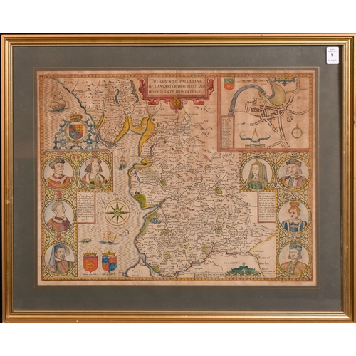 8 - John Speed, a 17th Century engraved map, 'The Countie Pallatine of Lancaster Described and Divided I... 