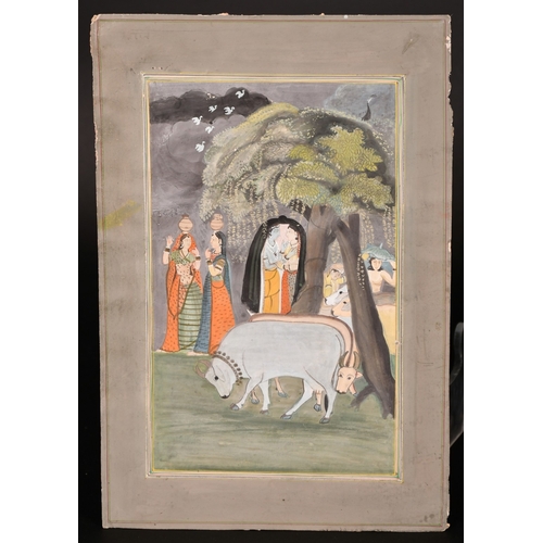 80 - Indian School, probably 19th Century, Krishna ladies and cattle, gouache, 9.25