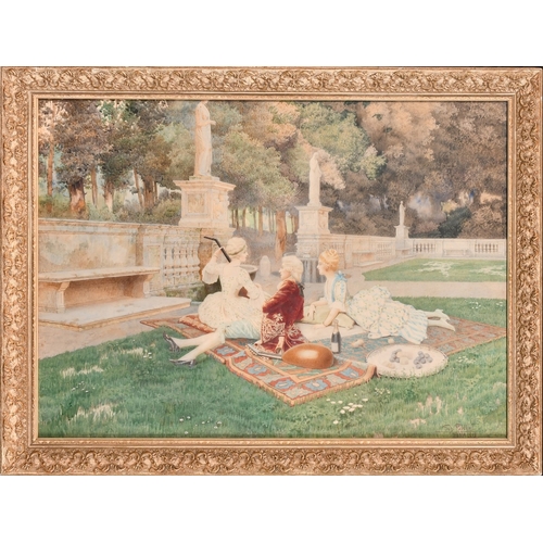 89 - Guido Guidi, Italian School, Circa 1919, elegant figures at leisurely pursuits in a formal garden, w... 