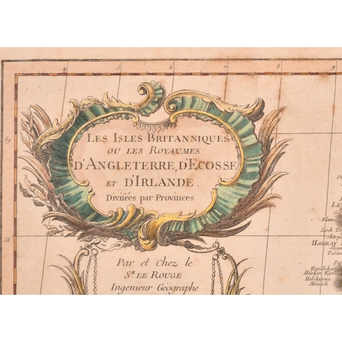 9 - George Louis Le Rouge, a 17th Century engraved map. 'Les Isles Britanniques', hand coloured, plate s... 