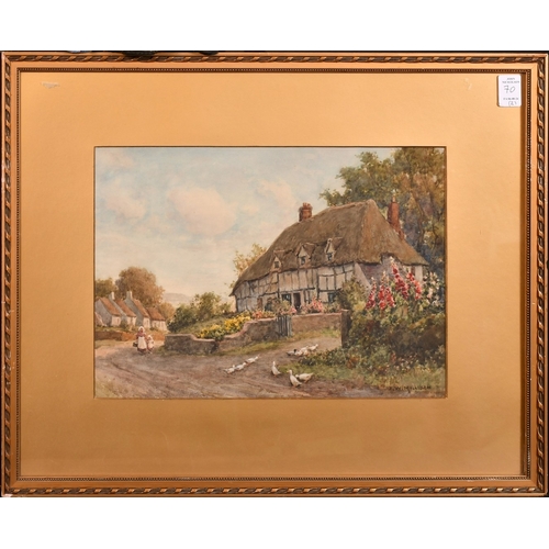 98 - James W. Milliken (1865-1945), a pair of watercolour scenes of figures by cottages with gardens in f... 