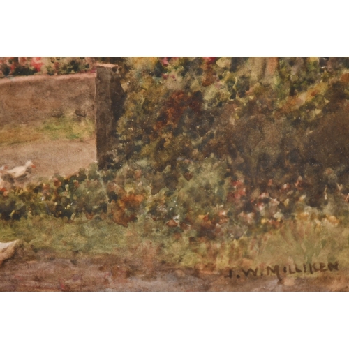 98 - James W. Milliken (1865-1945), a pair of watercolour scenes of figures by cottages with gardens in f... 