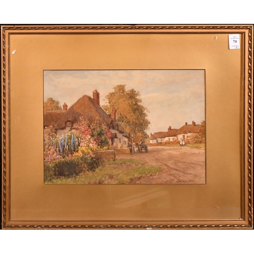 98 - James W. Milliken (1865-1945), a pair of watercolour scenes of figures by cottages with gardens in f... 