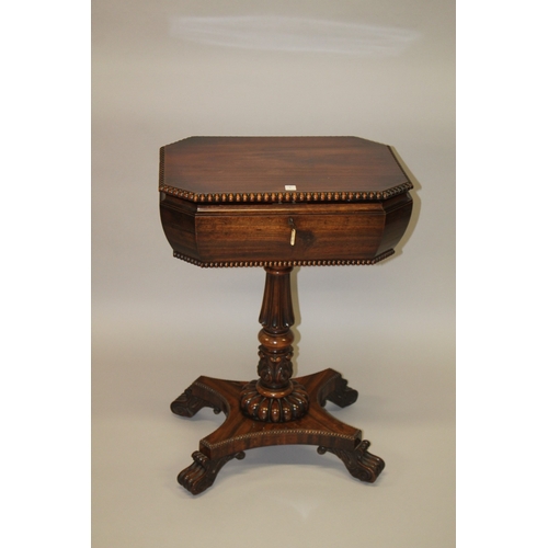 1 - A GOOD, POSSIBLY GILLOW, ROSEWOOD STANDING TEAPOY with ring top opening to reveal a pair of glass mi... 