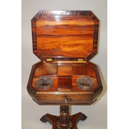 1 - A GOOD, POSSIBLY GILLOW, ROSEWOOD STANDING TEAPOY with ring top opening to reveal a pair of glass mi... 