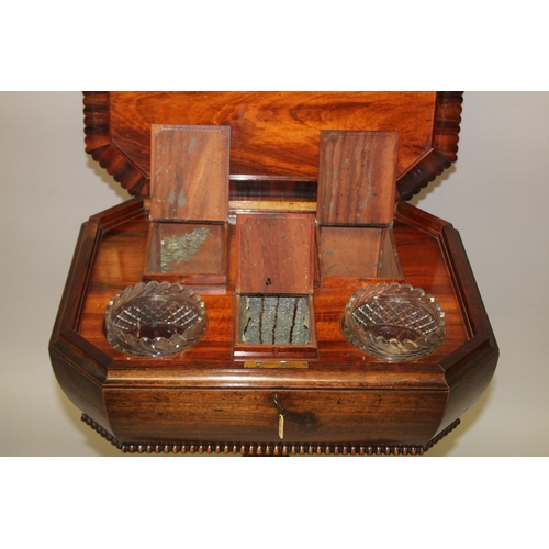 1 - A GOOD, POSSIBLY GILLOW, ROSEWOOD STANDING TEAPOY with ring top opening to reveal a pair of glass mi... 