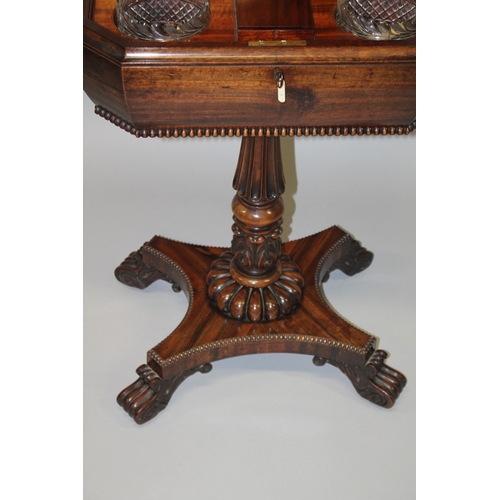 1 - A GOOD, POSSIBLY GILLOW, ROSEWOOD STANDING TEAPOY with ring top opening to reveal a pair of glass mi... 