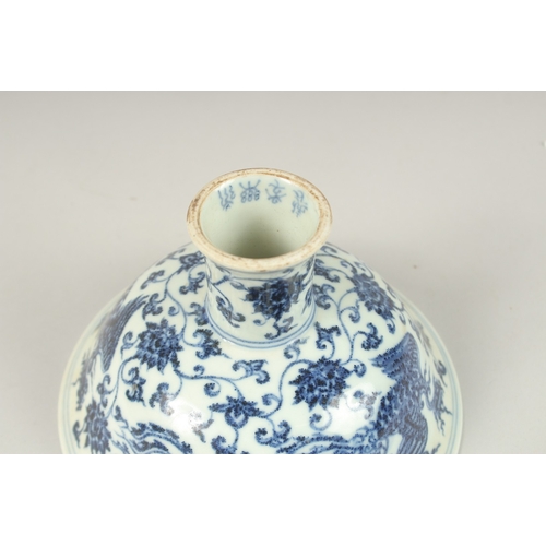 102 - A CHINESE BLUE AND WHITE STEM CUP. 16cms diameter.