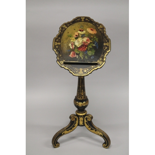 2 - A GOOD VICTORIAN PAPIER MACHE WRITING STAND, edged in gilt and painted with flowers on a ring stem, ... 