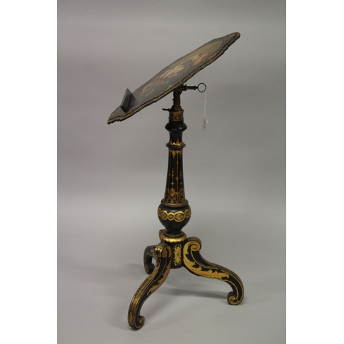 2 - A GOOD VICTORIAN PAPIER MACHE WRITING STAND, edged in gilt and painted with flowers on a ring stem, ... 