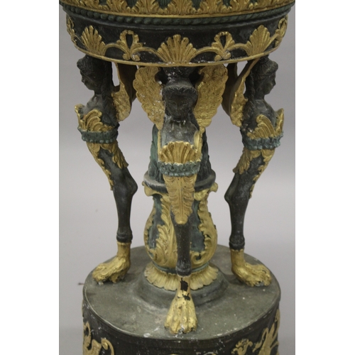 20 - A LOUIS XVITH DESIGN BRONZE GILDED CIRCULAR VASE with masks and garlands (weathered). 114cm high.... 