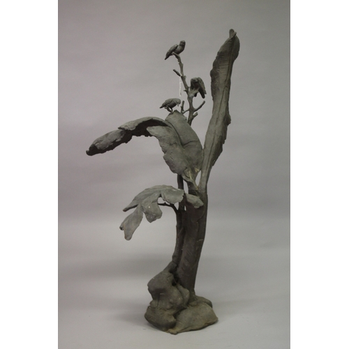 21 - A LARGE CAST BRONZE FLOOR STANDING SCULPTURE depicting birds on a tree. 147cms high.