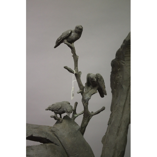 21 - A LARGE CAST BRONZE FLOOR STANDING SCULPTURE depicting birds on a tree. 147cms high.