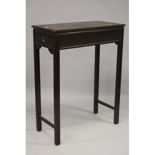 24 - A CHINESE HARDWOOD TABLE, 20TH CENTURY, with a rectangular top, bat carved frieze, a drawer to each ... 