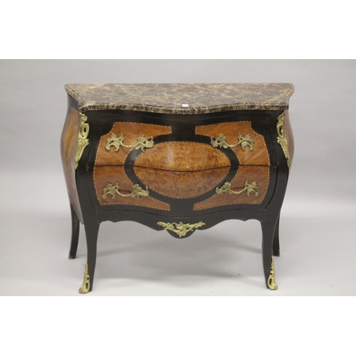 26 - A FRENCH STYLE BURR WOOD, ORMOLU AND MARBLE TOP SERPENTINE FORM TWO-DRAWER COMMODE. 100cms wide x 82... 