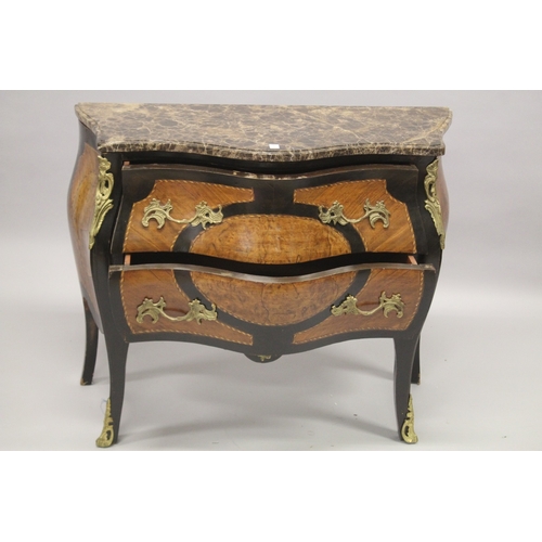 26 - A FRENCH STYLE BURR WOOD, ORMOLU AND MARBLE TOP SERPENTINE FORM TWO-DRAWER COMMODE. 100cms wide x 82... 