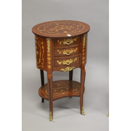 27 - A PAIR OF FRENCH STYLE MAHOGANY AND MARQUETRY OVAL SHAPE FOUR-DRAWER BEDSIDE CHESTS with an under ti... 