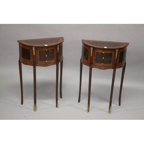 28 - A PAIR OF FRENCH STYLE MAHOGANY AND MARQUETRY DEMI-LUNE THREE-DRAWER BEDSIDE CHESTS. 67cms high x 46... 