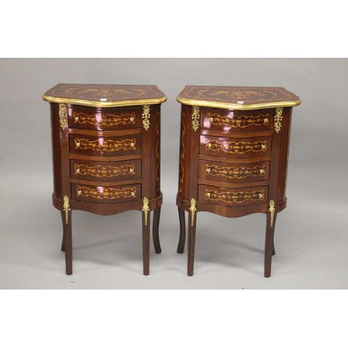 30 - A PAIR OF FRENCH STYLE MAHOGANY AND MARQUETRY SERPENTINE SHAPED FOUR-DRAWER BEDSIDE CHESTS. 76cms hi... 