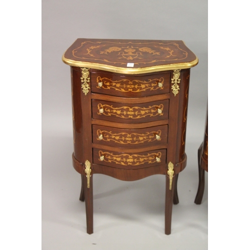 30 - A PAIR OF FRENCH STYLE MAHOGANY AND MARQUETRY SERPENTINE SHAPED FOUR-DRAWER BEDSIDE CHESTS. 76cms hi... 