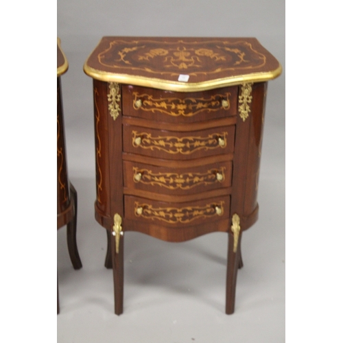 30 - A PAIR OF FRENCH STYLE MAHOGANY AND MARQUETRY SERPENTINE SHAPED FOUR-DRAWER BEDSIDE CHESTS. 76cms hi... 