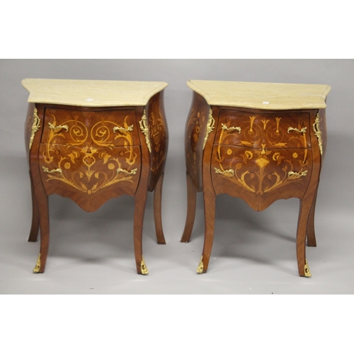 31 - A PAIR OF FRENCH STYLE MAHOGANY AND MARQUETRY TWO-DRAWER, MARBLE TOP, PETIT COMMODES. 76cms high x 6... 