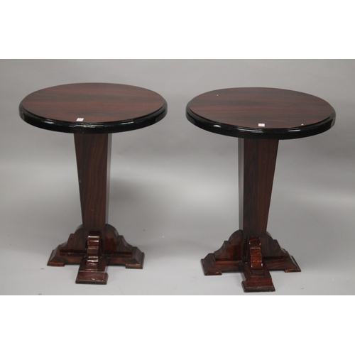 32 - A PAIR OF ART DECO STYLE ROSEWOOD CIRCULAR PEDESTAL TABLES. 73cms high x 59cms diameter.