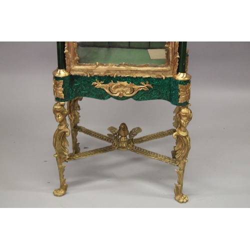 33 - AN UNUSUAL FAUX MALACHITE AND ORMOLU MOUNTED VITRINE, with a single door enclosing two glass shelves... 